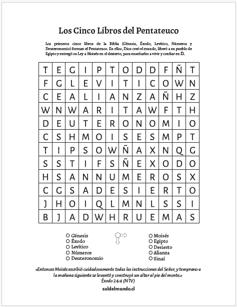 Sopa de letras del Pentateuco para niños: Génesis, Éxodo, Levítico, Números y Deuteronomio