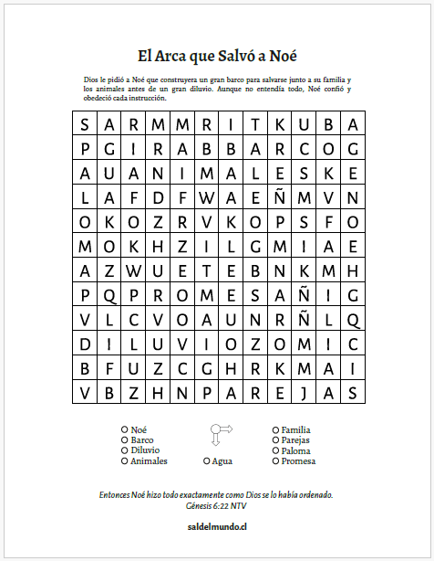Sopa de letras del Arca de Noé para niños: Noé, Barco, Diluvio, Animales y Familia